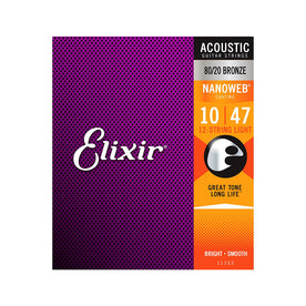 Elixir 11152 Nanoweb 80/20 Bronze Acoustic Guitar Strings, 12-String Light, 10-47