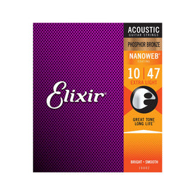 Elixir 16002 Nanoweb Phosphor Bronze Acoustic Guitar Strings, Extra Light, 10-47