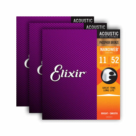 Elixir 16544 Nanoweb Phosphor Bronze Acoustic Guitar Strings, Custom Light, 11-52, 3-Pack