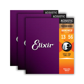 Elixir 16546 Nanoweb Phosphor Bronze Acoustic Guitar Strings, Medium, 13-56, 3-Pack
