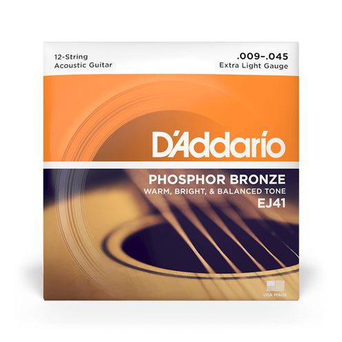 D'Addario EJ41 Phosphor Bronze Acoustic Guitar Strings, 12-String, Extra Light, 9-45