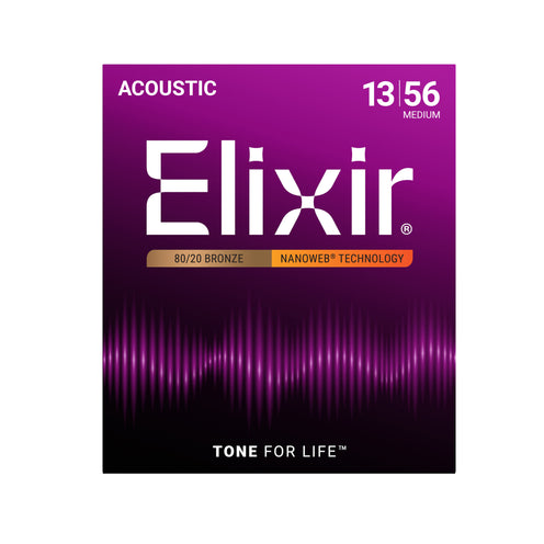 Elixir 11102 Nanoweb 80/20 Bronze Acoustic Guitar Strings, Medium, 13-56