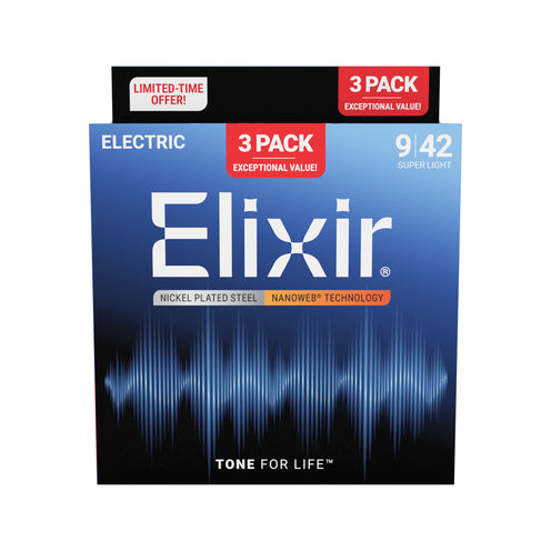 Elixir 16566 Nanoweb Electric Guitar Strings, Super Light, 9-42, 3-Pack