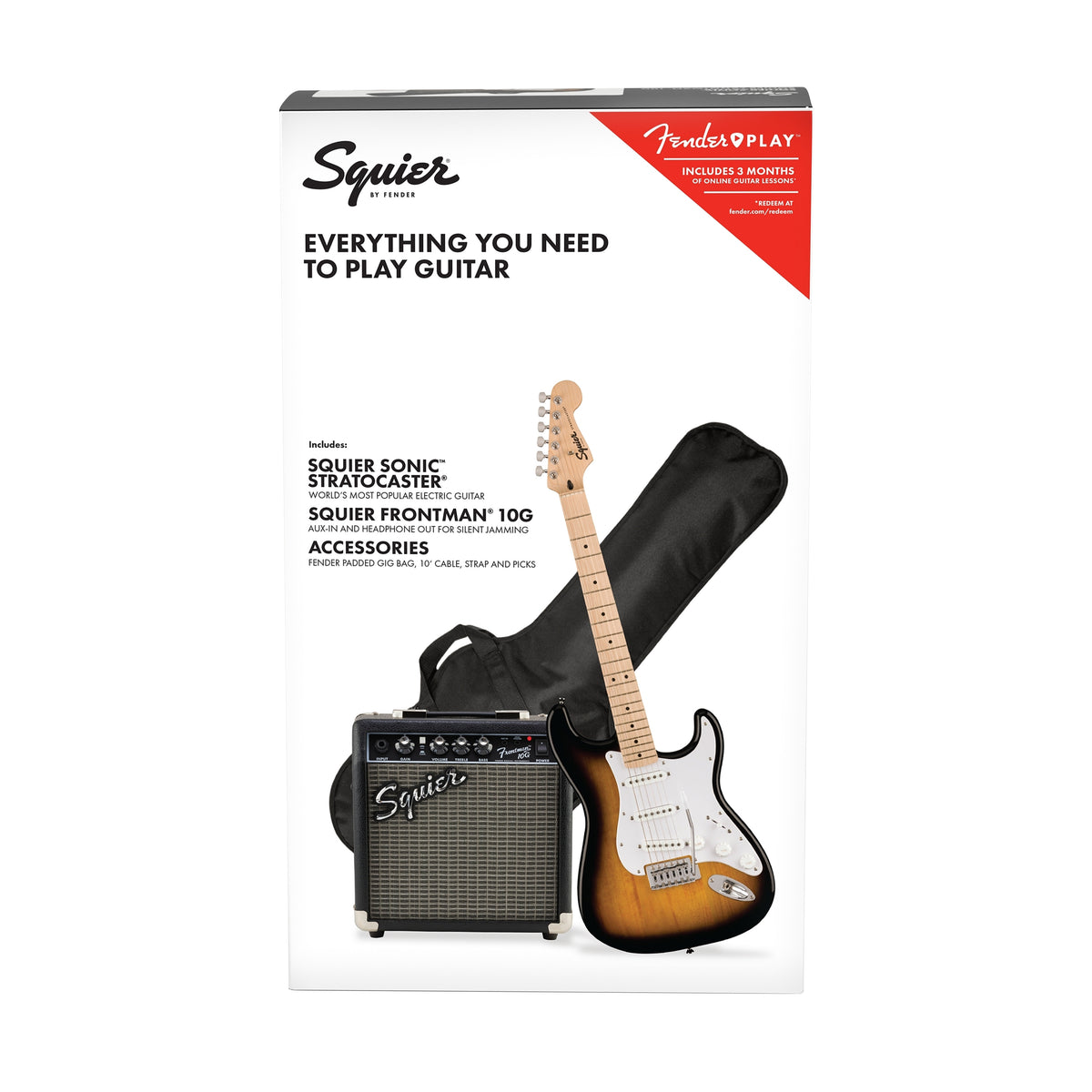 Squier Sonic Stratocaster Pack w/Gig Bag, Maple FB, 10G, 230V UK