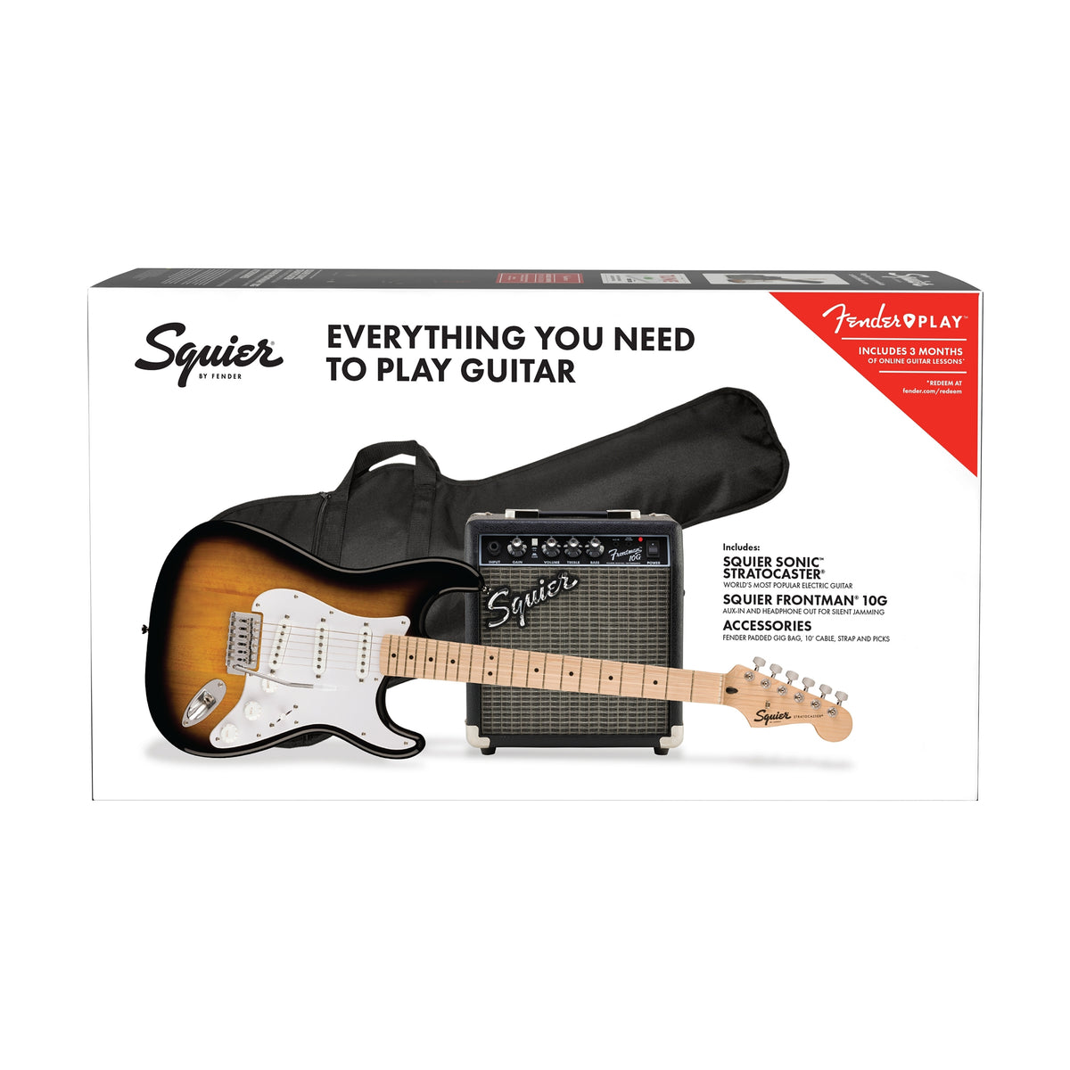 Squier Sonic Stratocaster Pack w/Gig Bag, Maple FB, 10G, 230V UK