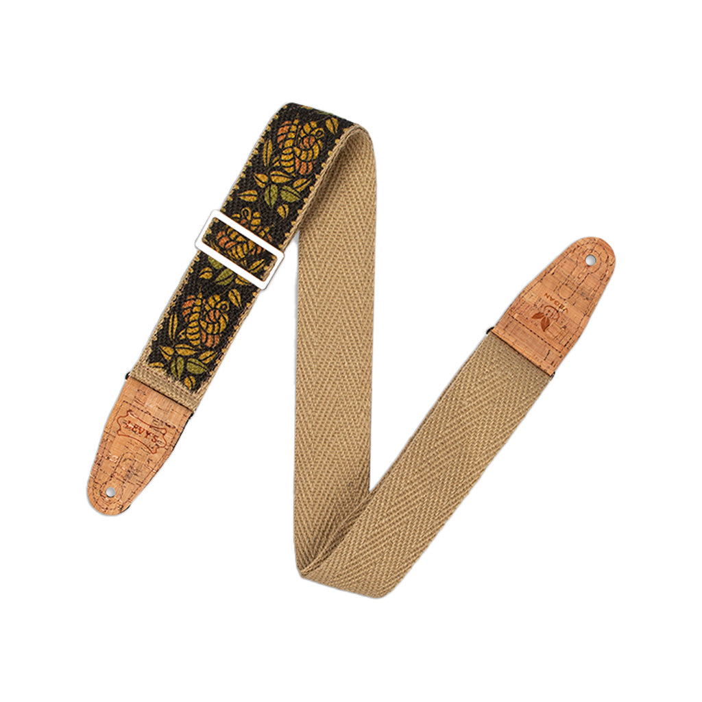 Levy's MH8P 2inch Hemp Vegan Guitar Strap, Printed Rosa Motif in Yellow-Orange-Black