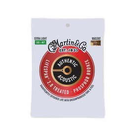 Martin MA530T Authentic Acoustic Lifespan 2.0 Phosphor Bronze Acoustic Guitar Strings, Extra Light, 10-47