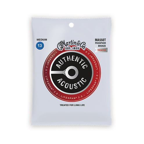Martin MA550T Authentic Acoustic Lifespan 2.0 Phosphor Bronze Acoustic Guitar Strings, Medium, 13-56