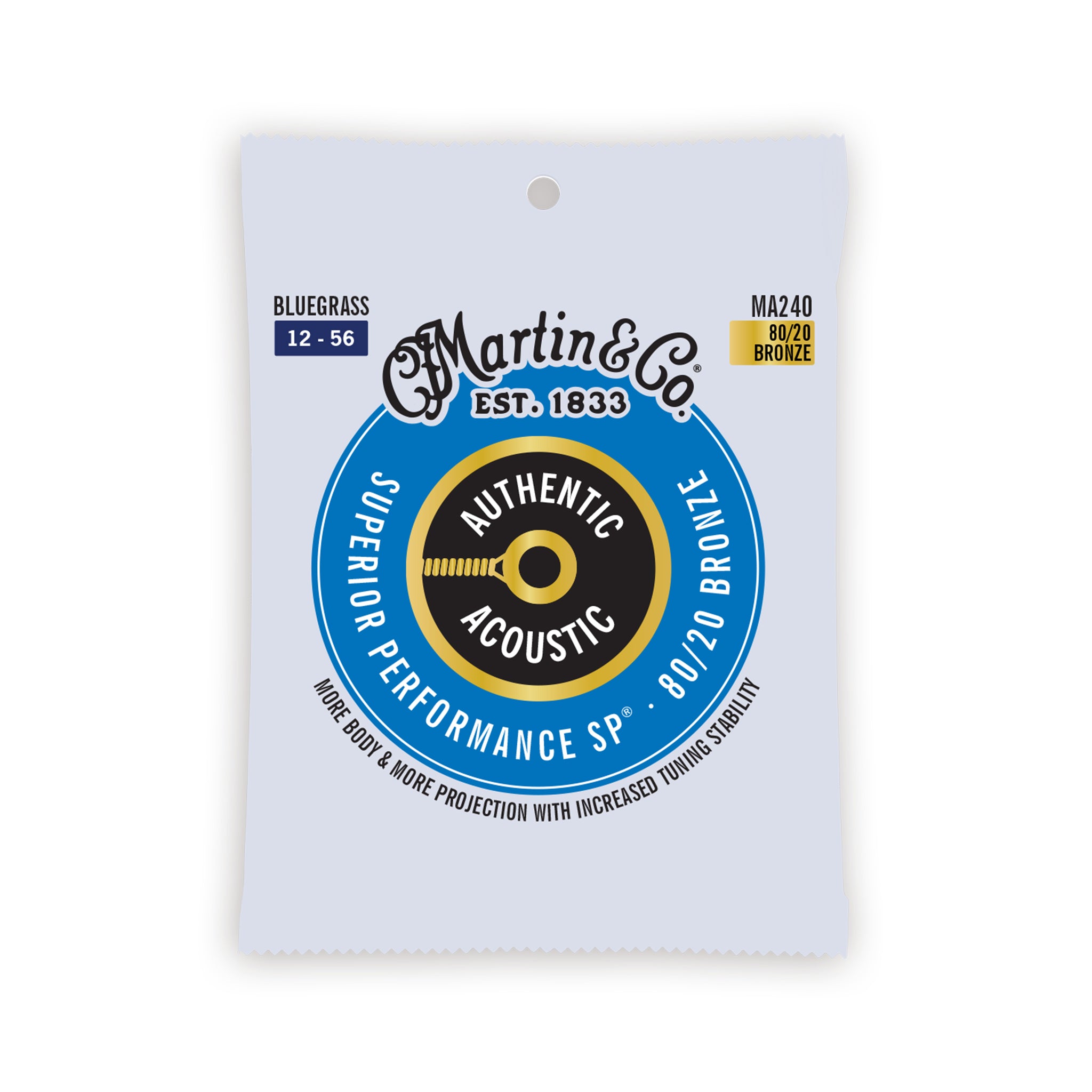 Martin MA240 Authentic Acoustic SP 80/20 Bronze Acoustic Guitar Strings, Bluegrass, 12-56