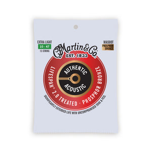 Martin MA500T Authentic Acoustic Lifespan 2.0 Phosphor Bronze Acoustic Guitar Strings, Extra Light 12-String, 10-47